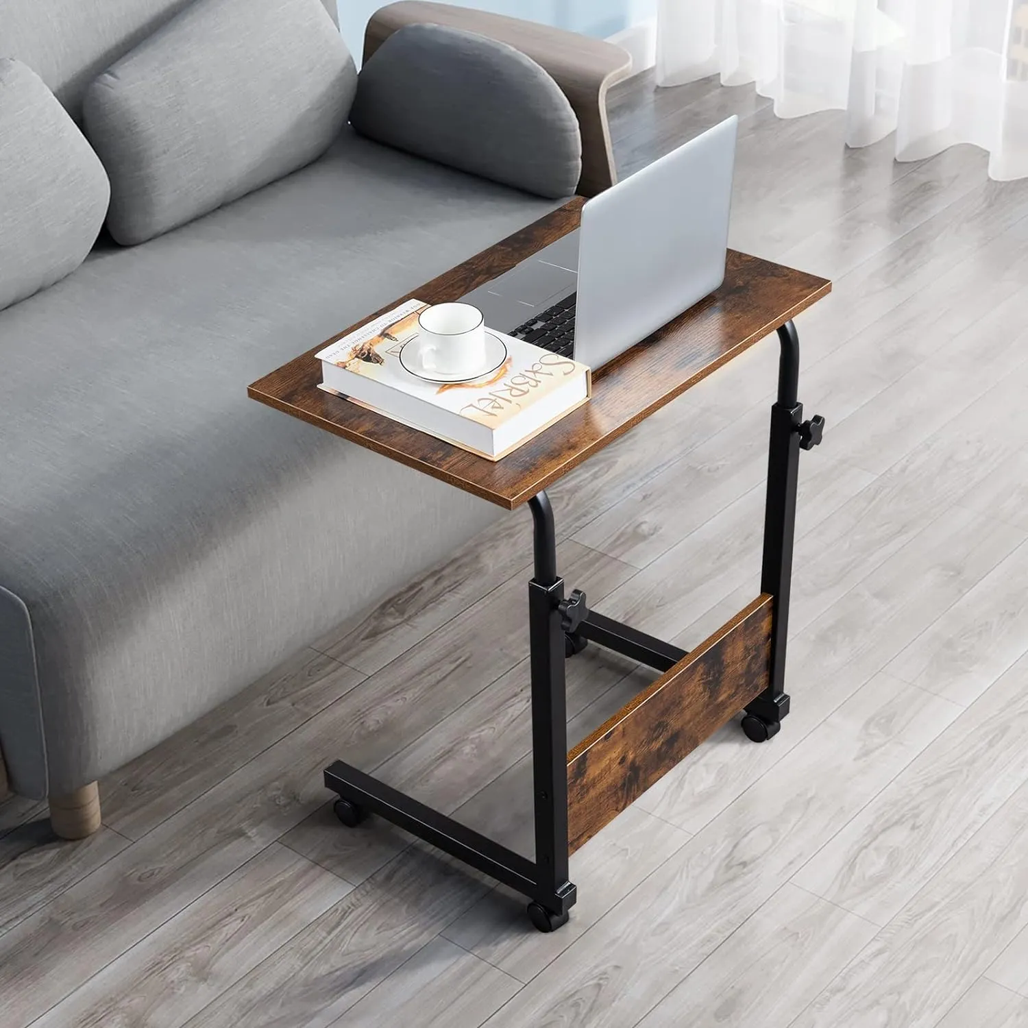 Sofa Side Table Desk with Wheels, Tray Table Portable Side Table for Bed, Table Laptop Cart, Height Adjustable Coffee Snack Table for Living Room, Bedroom, The Study, 23.6" L X 16" W, Brown