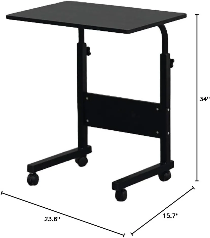 Sofa Side Table Desk with Wheels, Tray Table Portable Side Table for Bed, Table Laptop Cart, Height Adjustable Coffee Snack Table for Living Room, Bedroom, The Study, 24" L X 16" W, Black-S