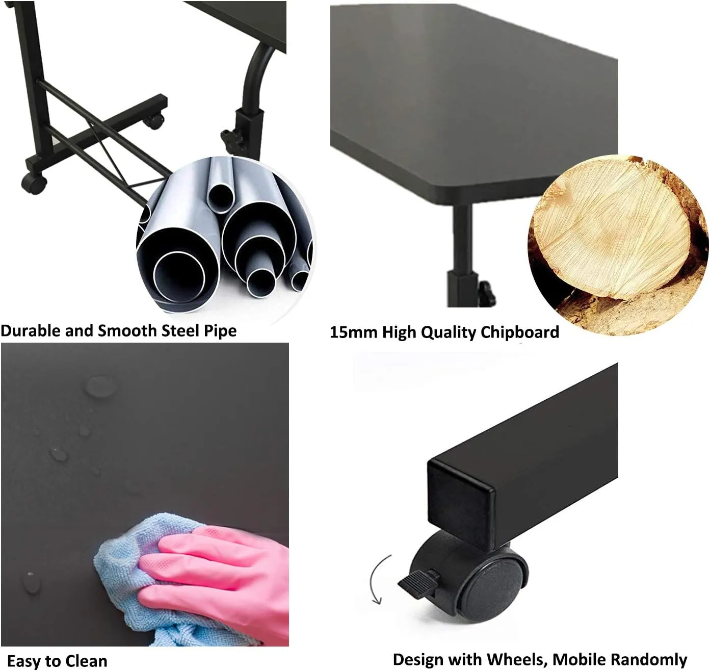 Sofa Side Table Desk with Wheels, Tray Table Portable Side Table for Bed, Table Laptop Cart, Height Adjustable Coffee Snack Table for Living Room, Bedroom, The Study, 24" L X 16" W, Black-S