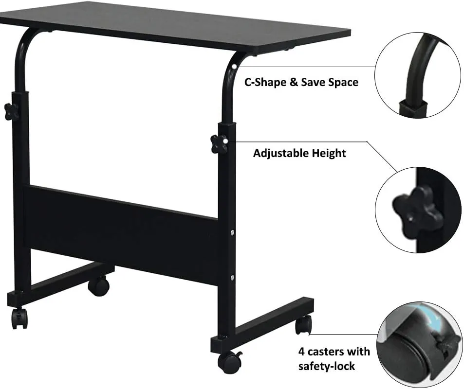 Sofa Side Table Desk with Wheels, Tray Table Portable Side Table for Bed, Table Laptop Cart, Height Adjustable Coffee Snack Table for Living Room, Bedroom, The Study, 24" L X 16" W, Black-S