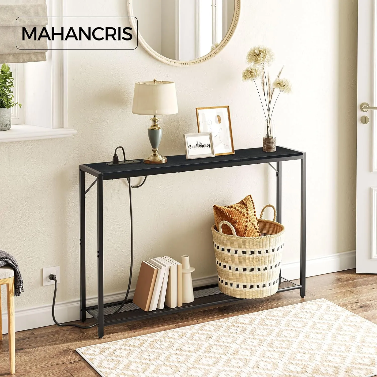 Sofa Table with Power Outlet, 43.7" Console Table with USB Ports, Behind Couch Table, Entryway Table for Living Room, Entryway, Foyer, Metal Frame, Adjustable Feet, Black CTHB11E01