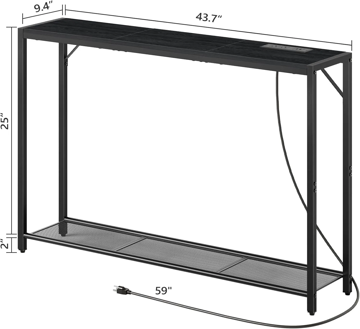 Sofa Table with Power Outlet, 43.7" Console Table with USB Ports, Behind Couch Table, Entryway Table for Living Room, Entryway, Foyer, Metal Frame, Adjustable Feet, Black CTHB11E01