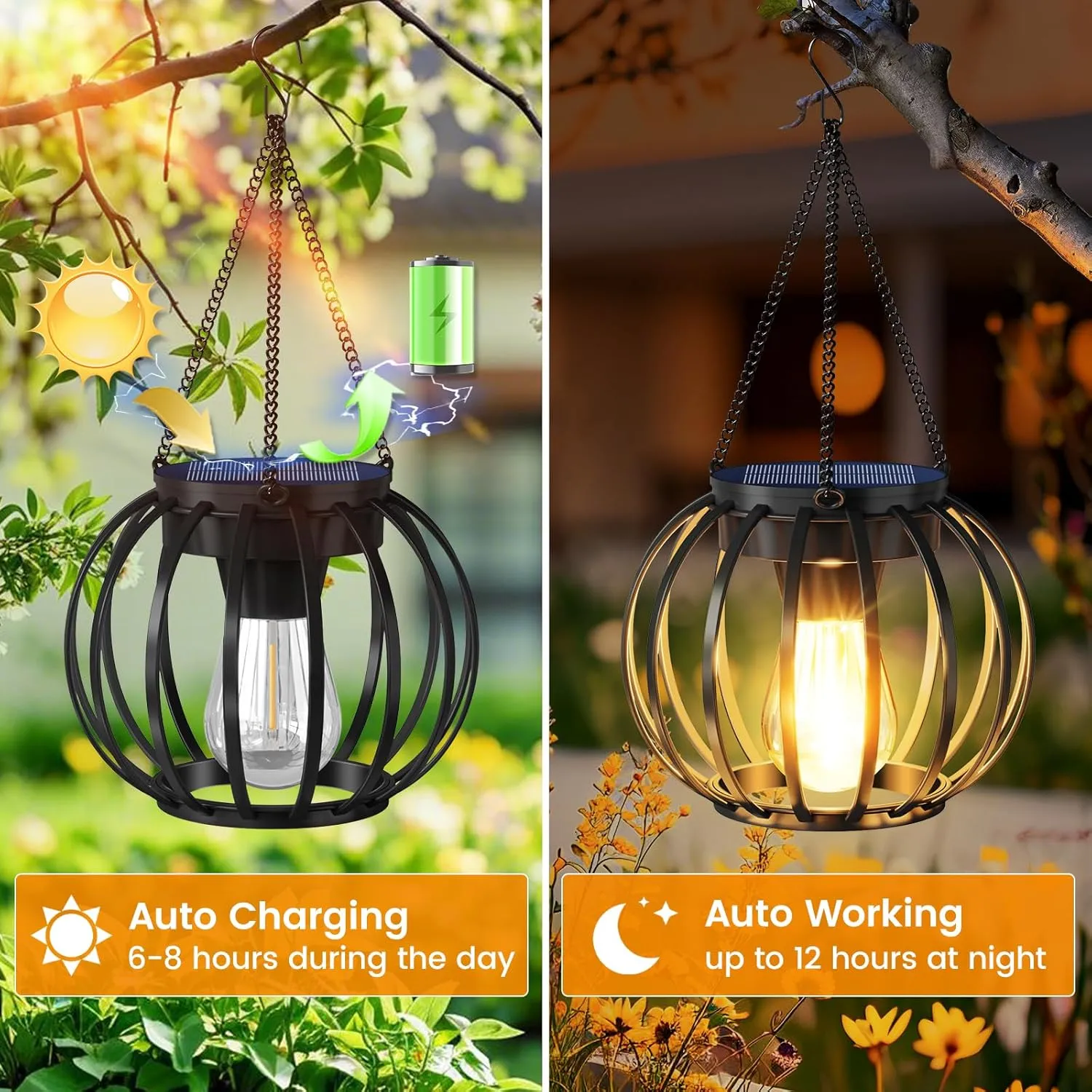 Solar Lanterns Outdoor Waterproof 4 Pack, Upgraded Metal Hanging Solar Lights for Outside with Auto On/Off & Hook - Brighter Hanging Outdoor Lanterns Decorative Lighting for Garden Patio Yard