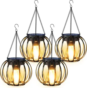 Solar Lanterns Outdoor Waterproof 4 Pack, Upgraded Metal Hanging Solar Lights for Outside with Auto On/Off & Hook - Brighter Hanging Outdoor Lanterns Decorative Lighting for Garden Patio Yard