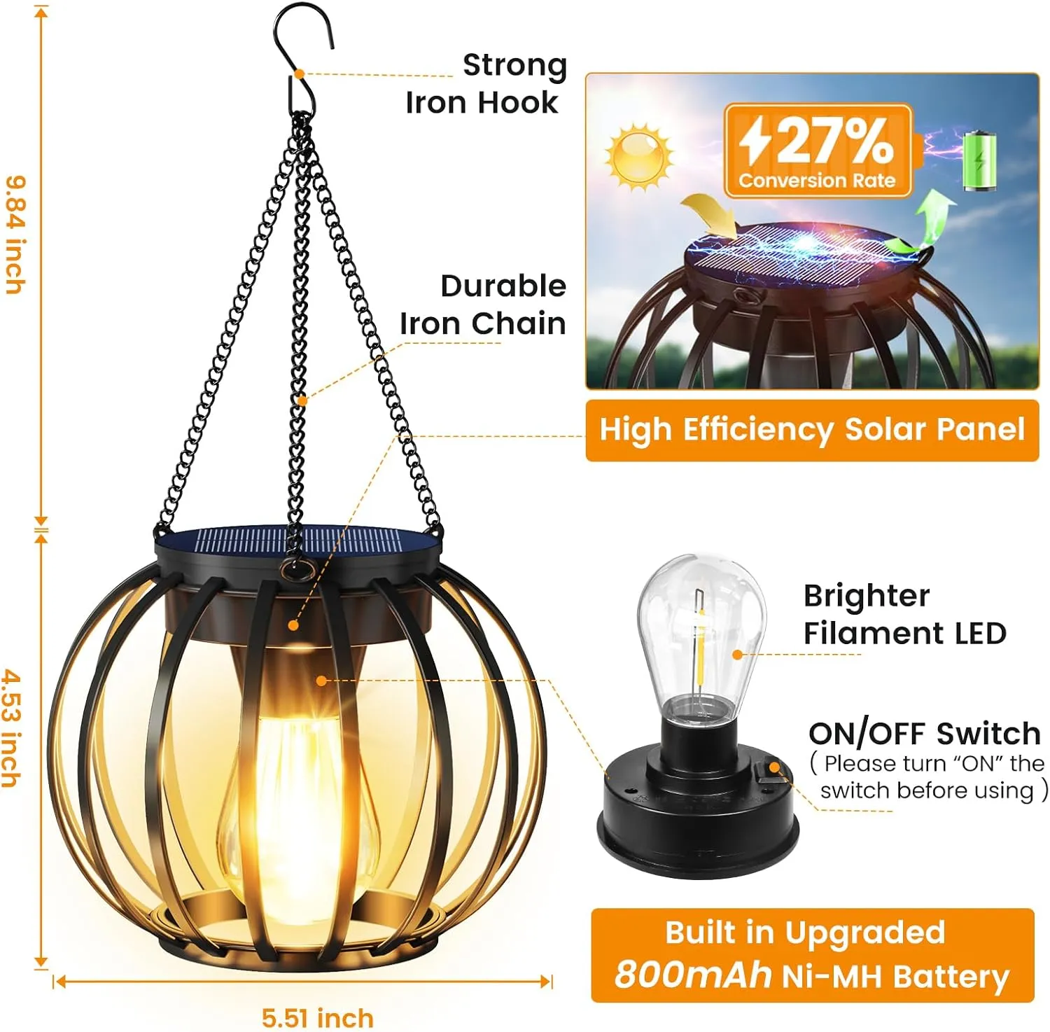 Solar Lanterns Outdoor Waterproof 4 Pack, Upgraded Metal Hanging Solar Lights for Outside with Auto On/Off & Hook - Brighter Hanging Outdoor Lanterns Decorative Lighting for Garden Patio Yard