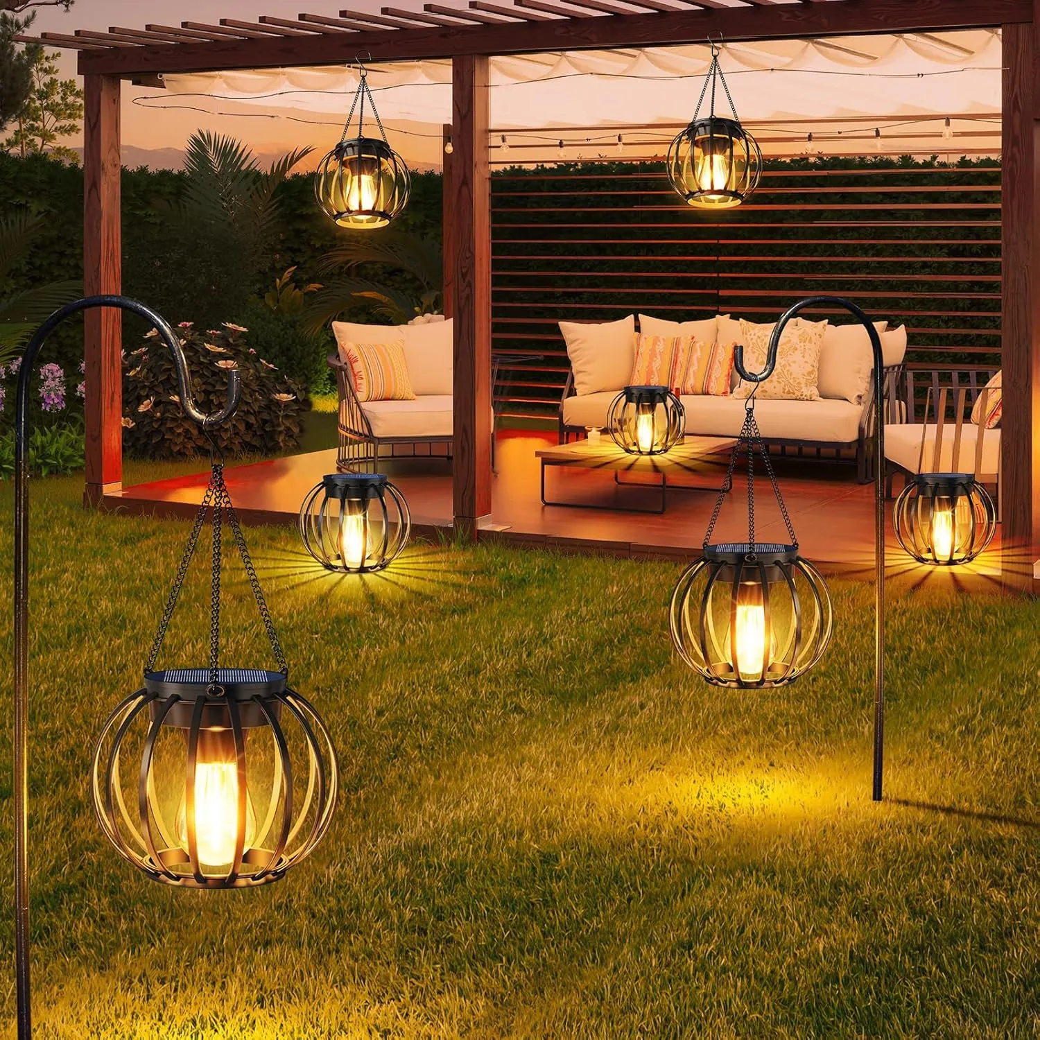 Solar Lanterns Outdoor Waterproof 4 Pack, Upgraded Metal Hanging Solar Lights for Outside with Auto On/Off & Hook - Brighter Hanging Outdoor Lanterns Decorative Lighting for Garden Patio Yard