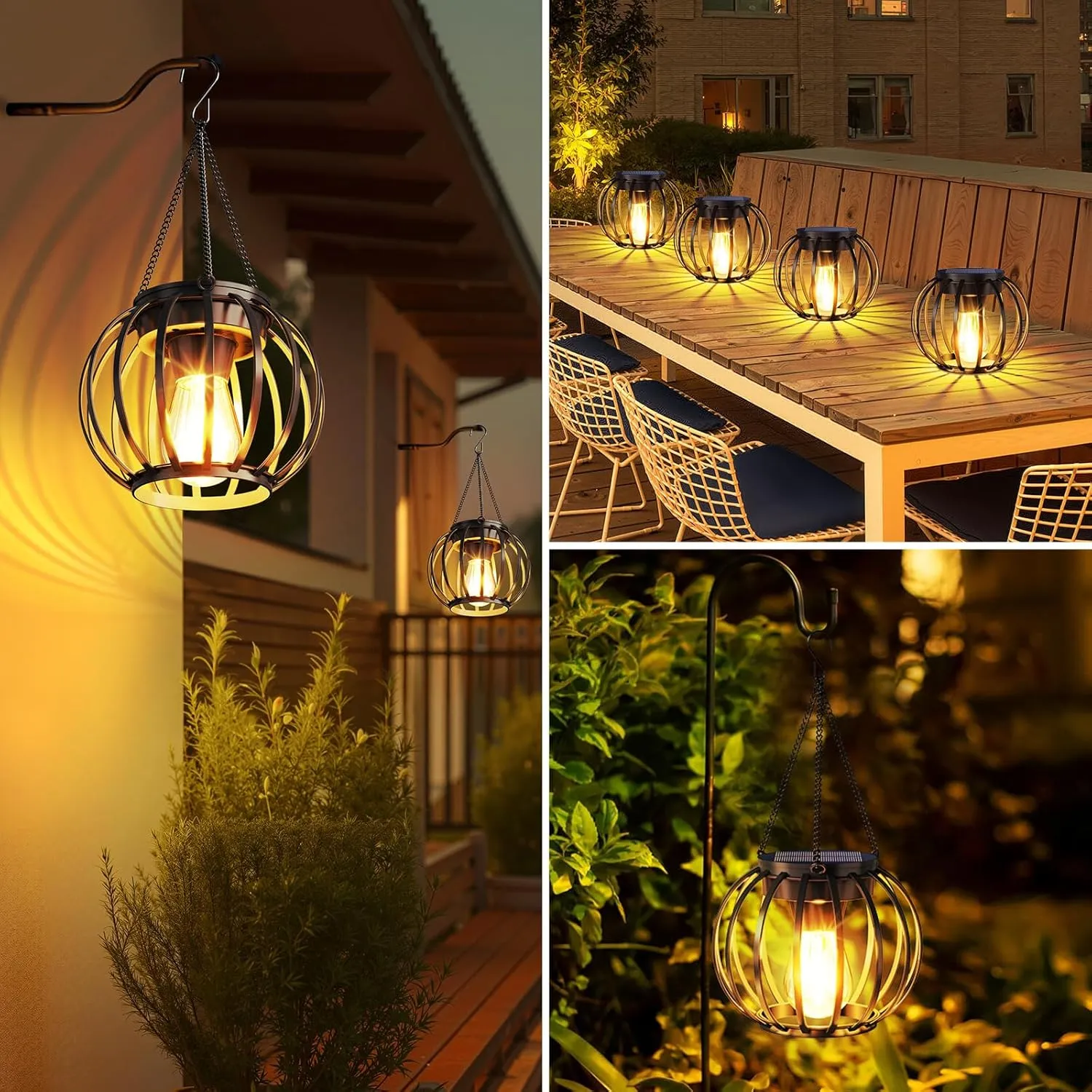 Solar Lanterns Outdoor Waterproof 4 Pack, Upgraded Metal Hanging Solar Lights for Outside with Auto On/Off & Hook - Brighter Hanging Outdoor Lanterns Decorative Lighting for Garden Patio Yard