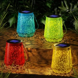 Solar Lanterns Outdoor Waterproof Hanging Solar Lantern, Retro 4 Colors LED Solar Powered Lantern Lights with Handle for Patio Garden Yard Pathway Lawn Porch Decor (4 Pack)