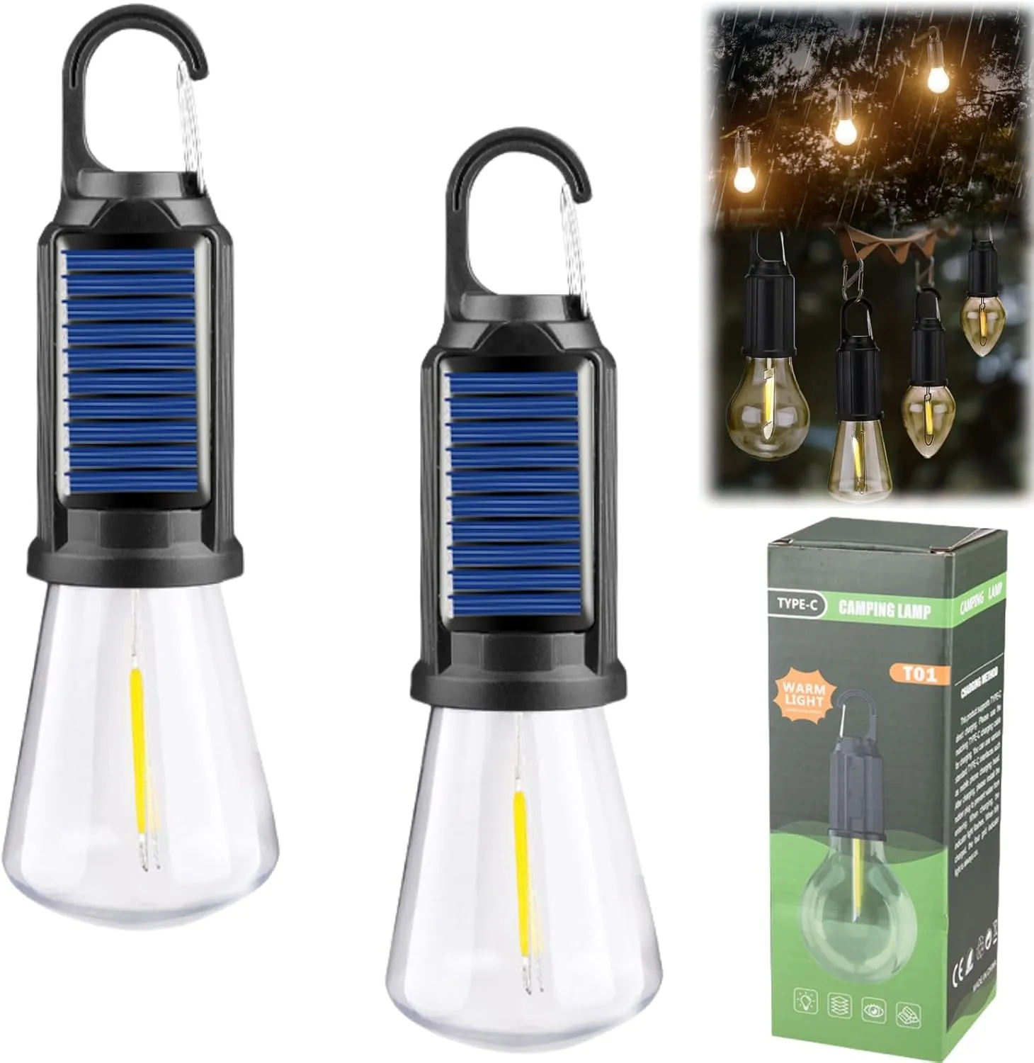 Solar Rechargeable Hooked Camping Light, Solar Tent Lights USB Rechargeable Led Camping Lantern, Waterproof Vintage Outdoor Tent Ambient Light for Camping, Patio (2, Flat Bottom Style)