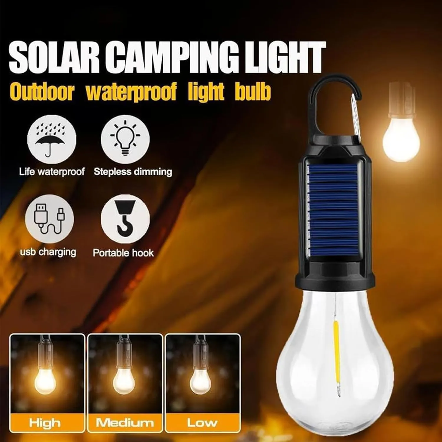 Solar Rechargeable Hooked Camping Light, Solar Tent Lights USB Rechargeable Led Camping Lantern, Waterproof Vintage Outdoor Tent Ambient Light for Camping, Patio (2, Flat Bottom Style)