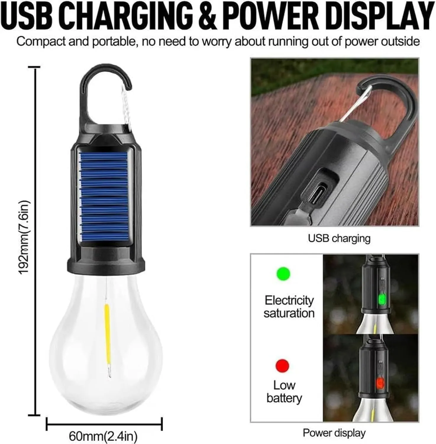 Solar Rechargeable Hooked Camping Light, Solar Tent Lights USB Rechargeable Led Camping Lantern, Waterproof Vintage Outdoor Tent Ambient Light for Camping, Patio (2, Flat Bottom Style)