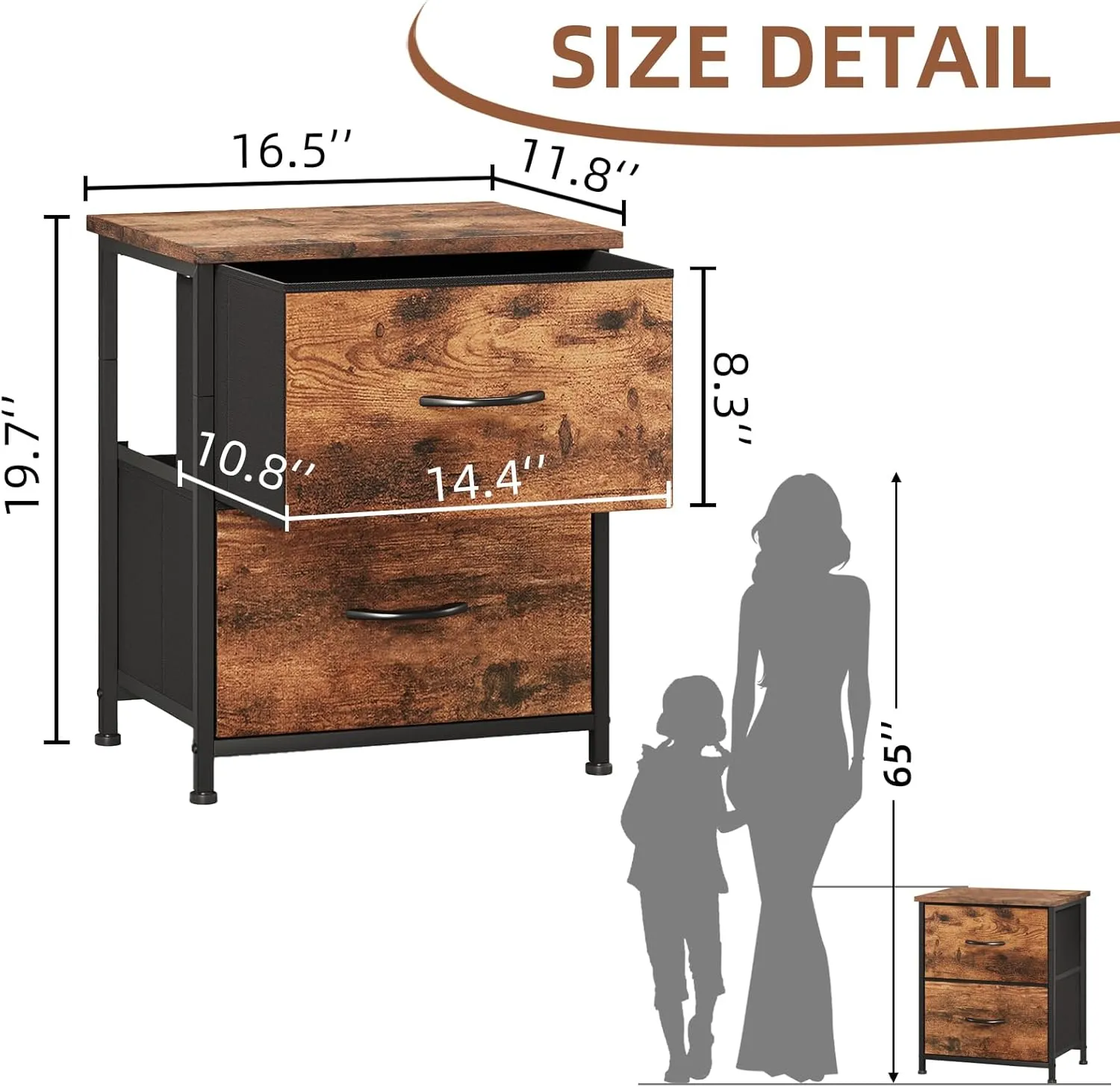 Somdot Nightstand, Small Dresser for Bedroom with 2 Drawers, Bedside Table Night Stand End Table with Fabric Bins for Bedroom Kids Closet Dorm Guest Room, Wood Grain Print