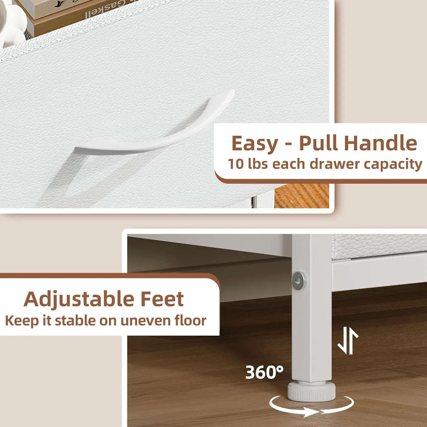 Somdot White Nightstand, Small Dresser for Bedroom with 2 Drawers, Bedside Table Night Stand End Table with Fabric Bins for Bedroom Kids Closet Dorm Guest Room, White Leather