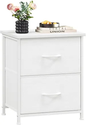 Somdot White Nightstand, Small Dresser for Bedroom with 2 Drawers, Bedside Table Night Stand End Table with Fabric Bins for Bedroom Kids Closet Dorm Guest Room, White Leather