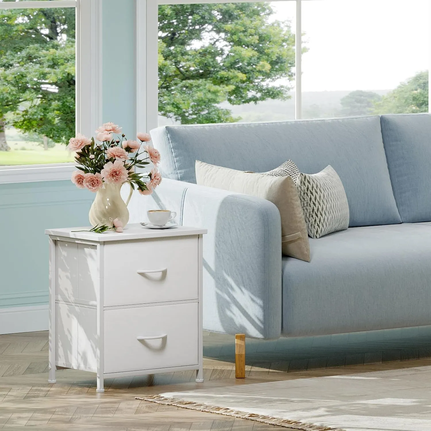 Somdot White Nightstand, Small Dresser for Bedroom with 2 Drawers, Bedside Table Night Stand End Table with Fabric Bins for Bedroom Kids Closet Dorm Guest Room, White Leather