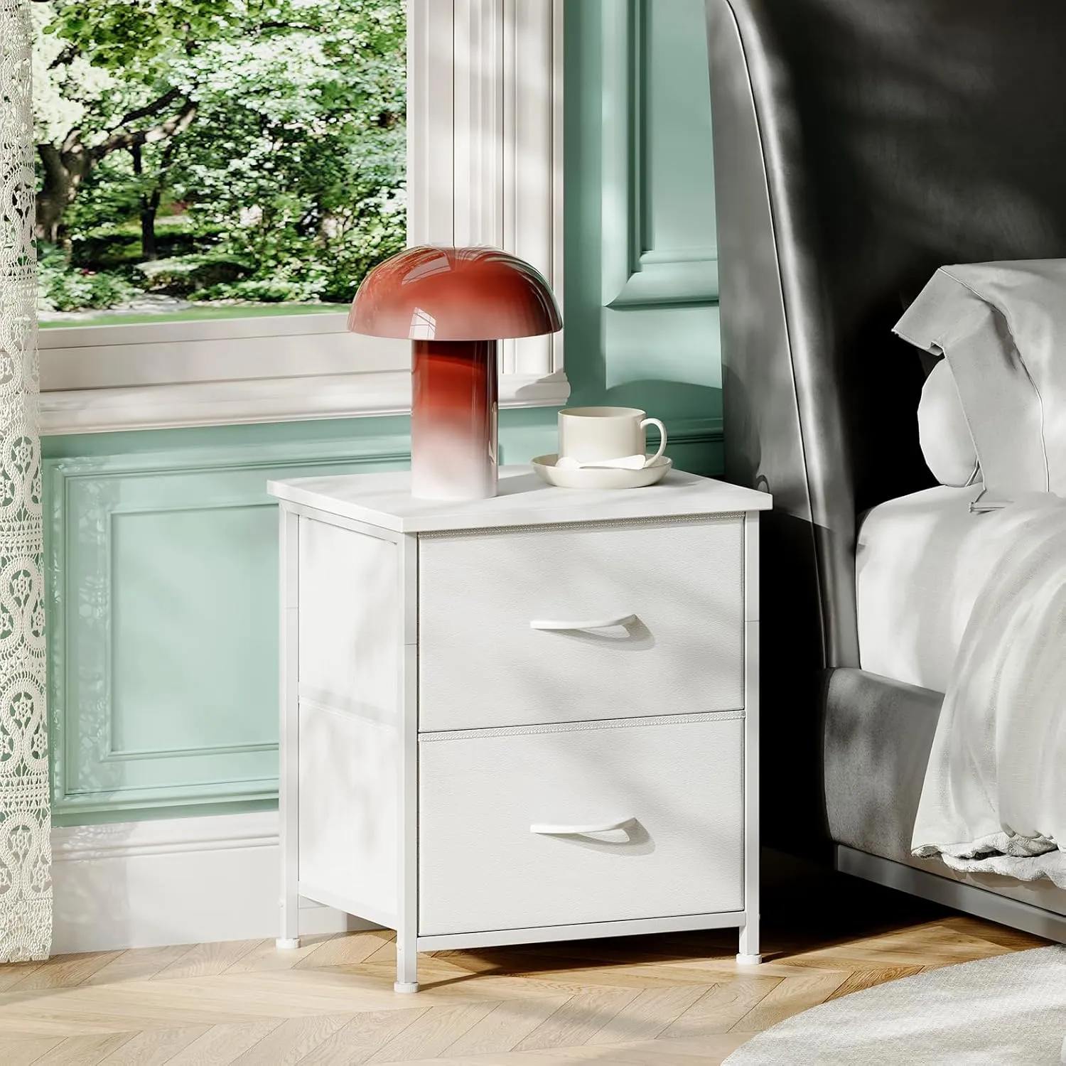 Somdot White Nightstand, Small Dresser for Bedroom with 2 Drawers, Bedside Table Night Stand End Table with Fabric Bins for Bedroom Kids Closet Dorm Guest Room, White Leather