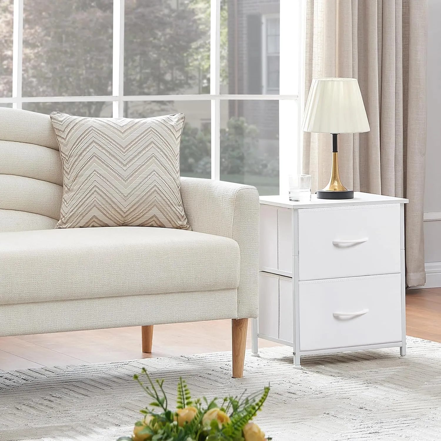 Somdot White Nightstand, Small Dresser for Bedroom with 2 Drawers, Bedside Table Night Stand End Table with Fabric Bins for Bedroom Kids Closet Dorm Guest Room, White Leather