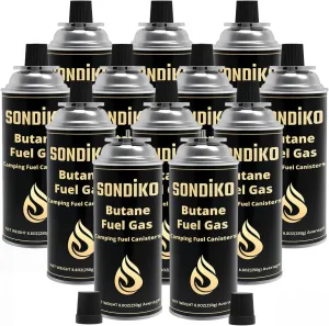 Sondiko Butane Gas, Premium Pure Refined Butane Gas, Butane Fuel Canister for Portable Camping Stove, Explosion Proof - RVR System(12 Can)