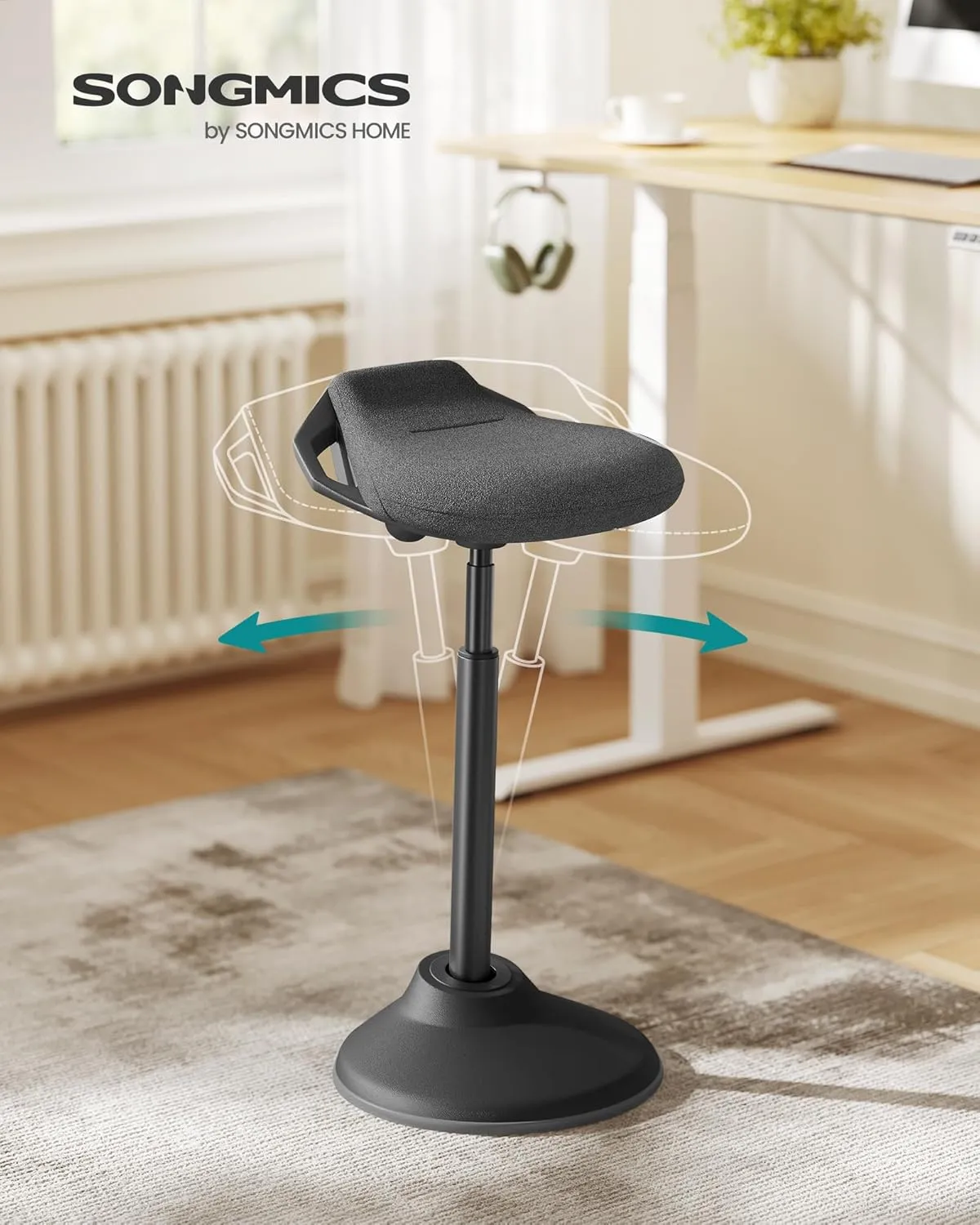 SONGMICS Standing Desk Chair, Adjustable Ergonomic Wobble Stool, 23.6-33.3 Inches Drafting Chair, Swivel Sitting Balance Stool, Fabric Upholstery, Anti-Slip Bottom Pad, Ink Black UOSC02BK