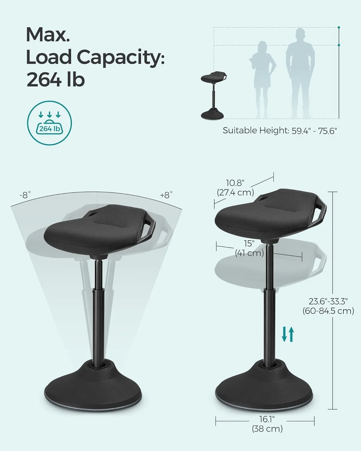 SONGMICS Standing Desk Chair, Adjustable Ergonomic Wobble Stool, 23.6-33.3 Inches Drafting Chair, Swivel Sitting Balance Stool, Fabric Upholstery, Anti-Slip Bottom Pad, Ink Black UOSC02BK