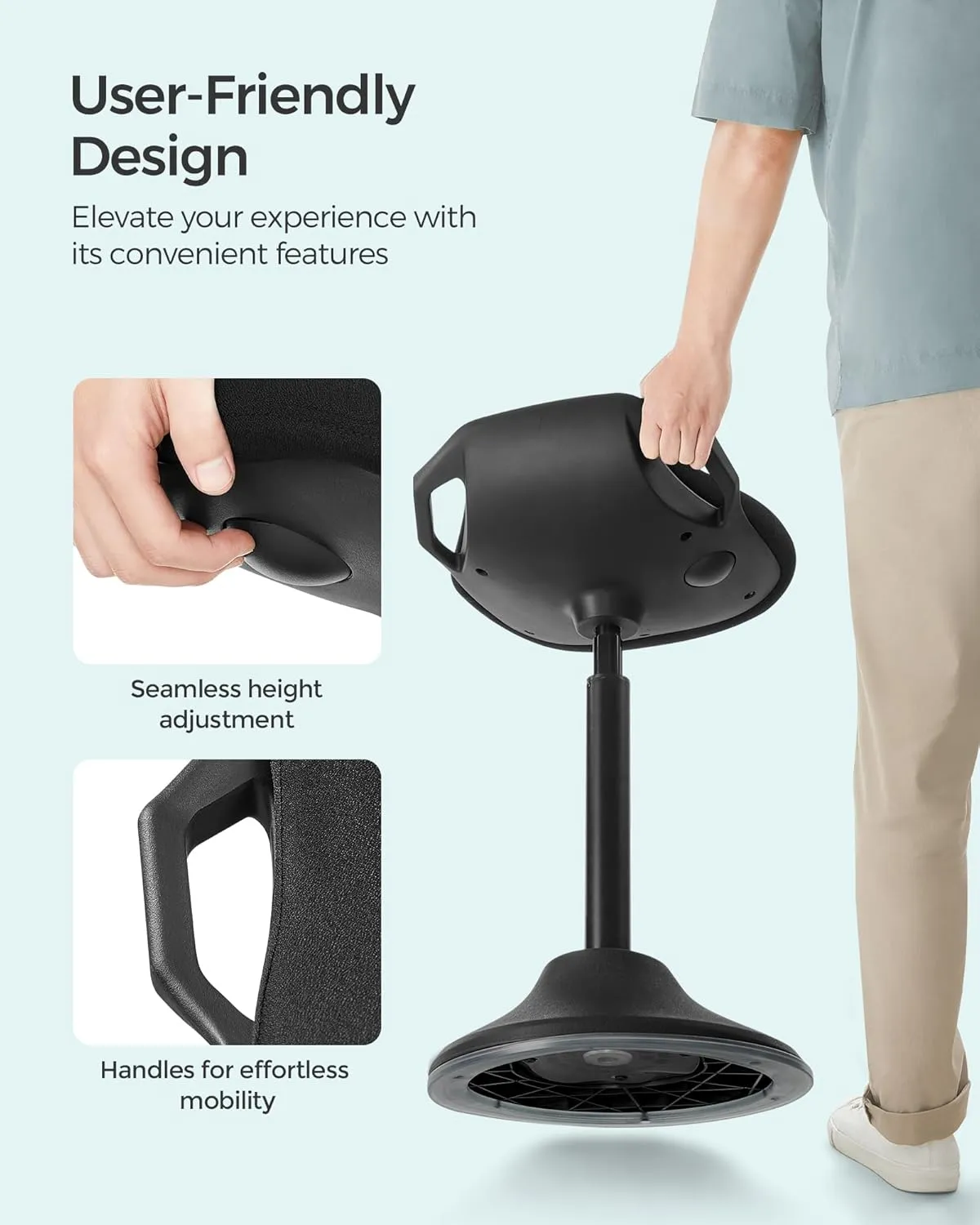 SONGMICS Standing Desk Chair, Adjustable Ergonomic Wobble Stool, 23.6-33.3 Inches Drafting Chair, Swivel Sitting Balance Stool, Fabric Upholstery, Anti-Slip Bottom Pad, Ink Black UOSC02BK