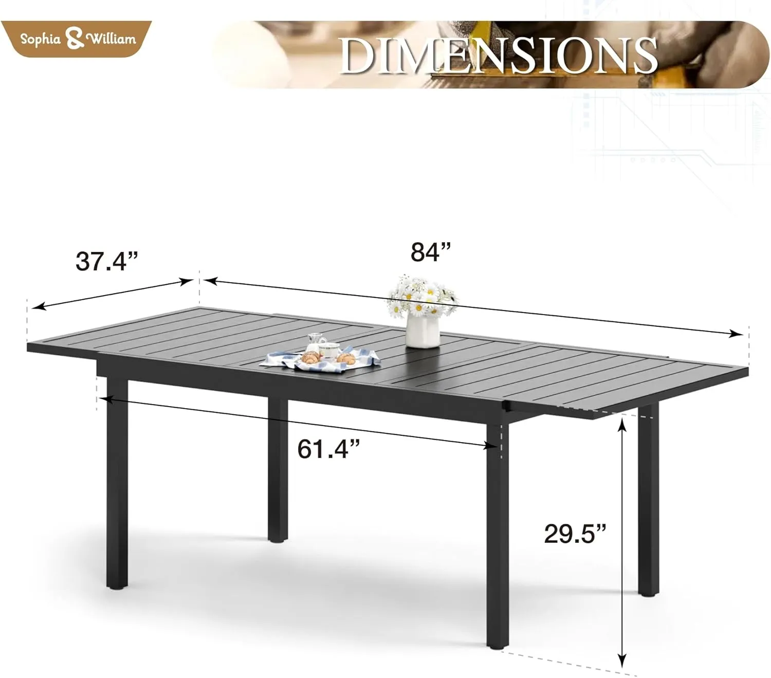 Sophia & William Black Expandable Patio Dining Tables Metal Outdoor Table for 6-8 Person Lawn Garden Bistro Rectangular Table