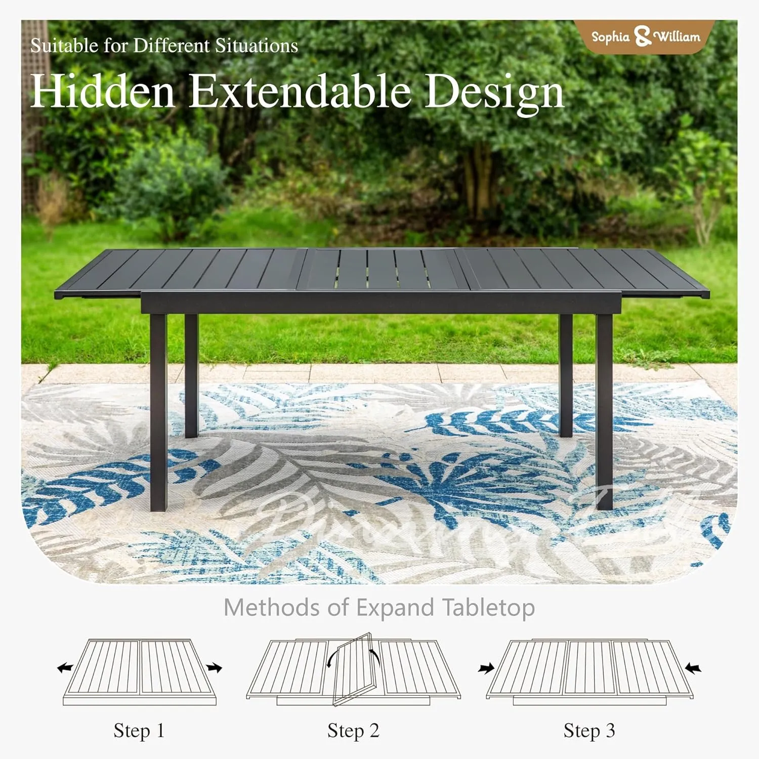Sophia & William Black Expandable Patio Dining Tables Metal Outdoor Table for 6-8 Person Lawn Garden Bistro Rectangular Table
