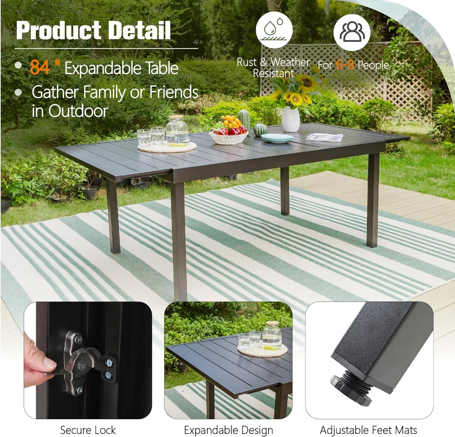 Sophia & William Black Expandable Patio Dining Tables Metal Outdoor Table for 6-8 Person Lawn Garden Bistro Rectangular Table
