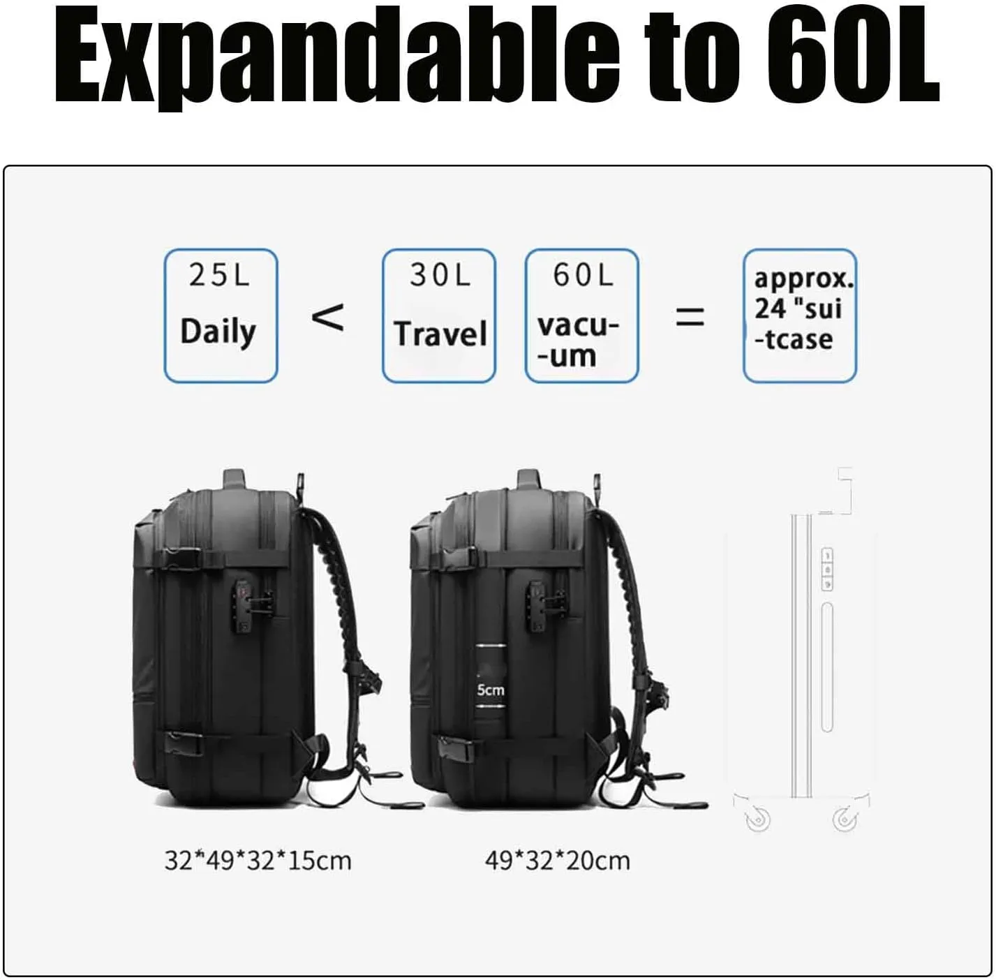 Spacevac Pro Backpack, Spacevac Backpack with Pump, Vacuum Compression 60 Liters Expandable Travel Backpacks (Black, no pump)