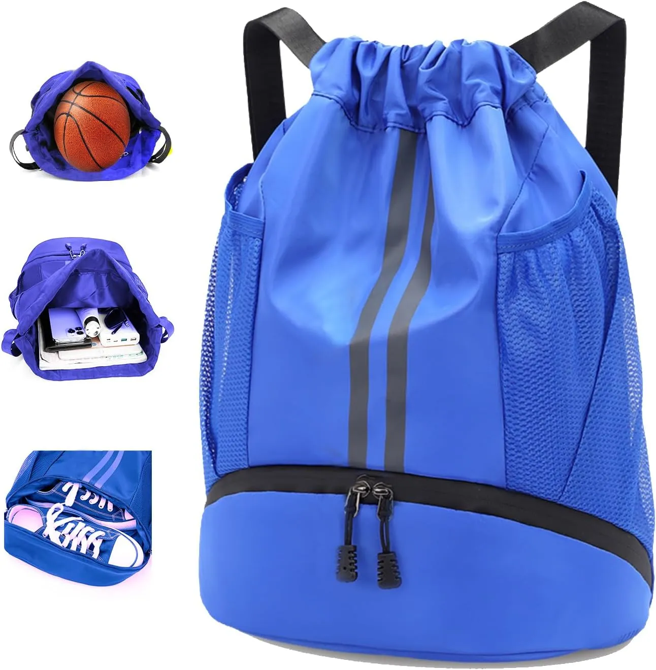 Sports Drawstring Backpack, Waterproof Swim Gym String Bag,Soccer Basketball Bag with Shoe Compartment for Men Women