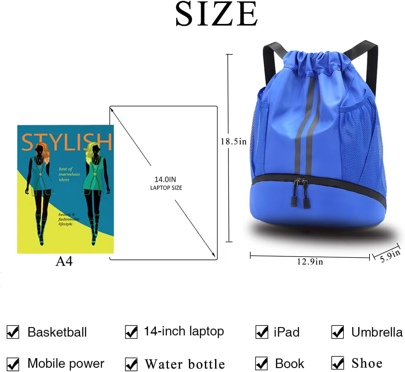 Sports Drawstring Backpack, Waterproof Swim Gym String Bag,Soccer Basketball Bag with Shoe Compartment for Men Women