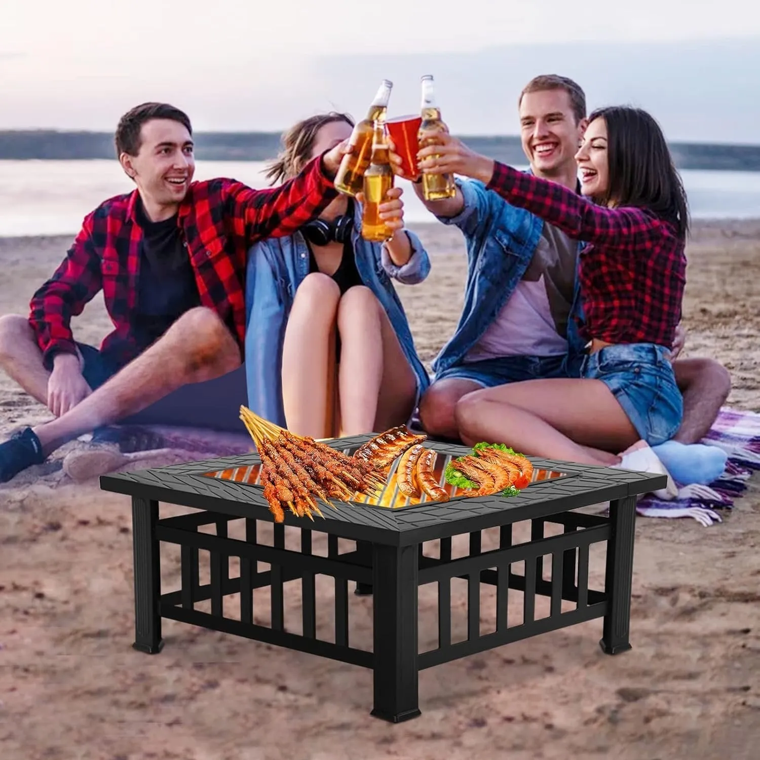 Square Outdoor Fire Pit Table - 3 IN 1 Waterproof Camping Grill Table