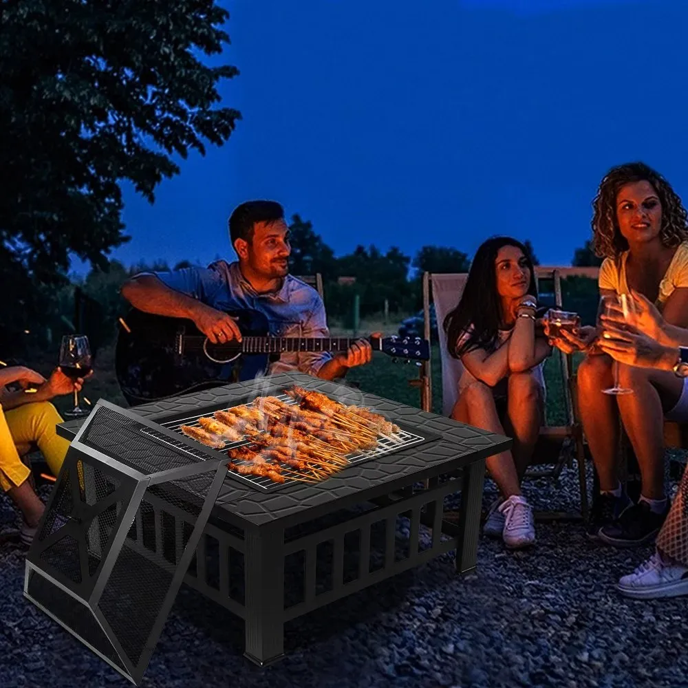 Square Outdoor Fire Pit Table - 3 IN 1 Waterproof Camping Grill Table