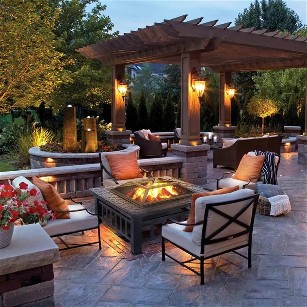 Square Outdoor Fire Pit Table - 3 IN 1 Waterproof Camping Grill Table