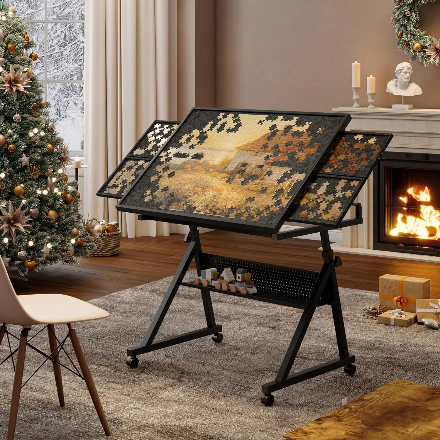 SSLine 1500 Piece Jigsaw Puzzle Table Adjustable Rolling Puzzle Table with Storage Drawers and Cover Portable Jigsaw Board for Kids and Adults, Tiltable Desktop (Black)