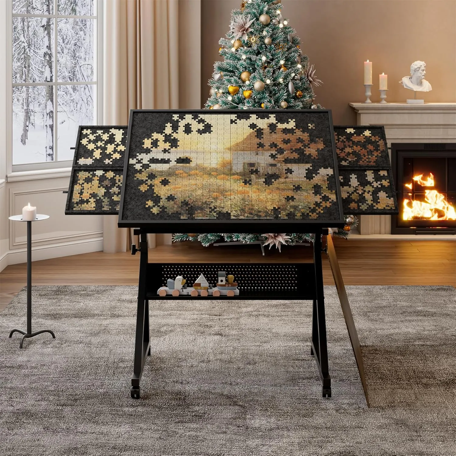 SSLine 1500 Piece Jigsaw Puzzle Table Adjustable Rolling Puzzle Table with Storage Drawers and Cover Portable Jigsaw Board for Kids and Adults, Tiltable Desktop (Black)