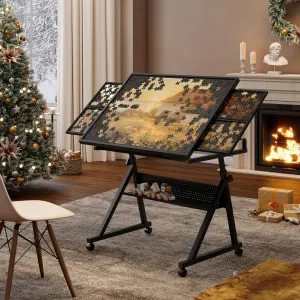 SSLine 1500 Piece Jigsaw Puzzle Table Adjustable Rolling Puzzle Table with Storage Drawers and Cover Portable Jigsaw Board for Kids and Adults, Tiltable Desktop (Black)