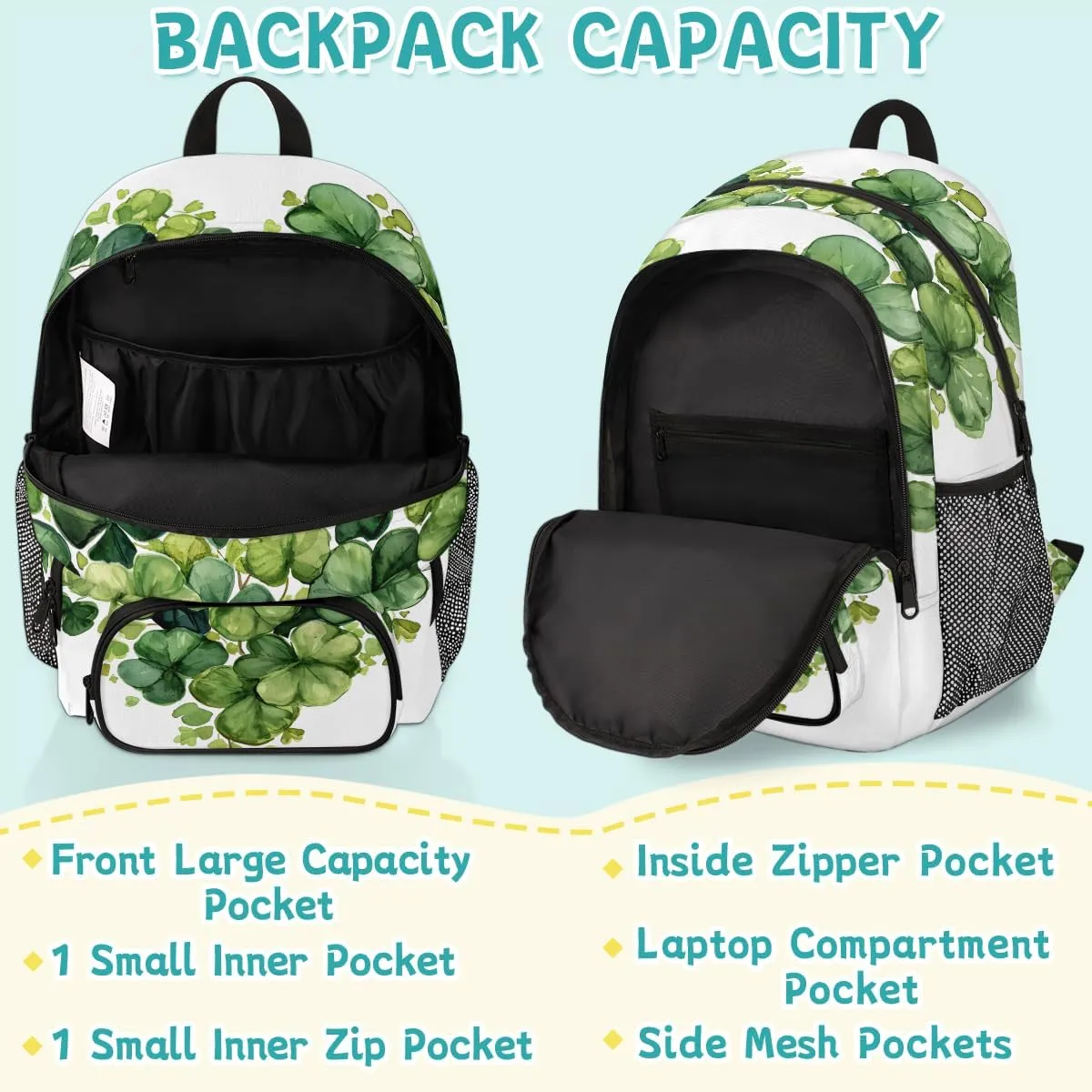 St. Patrick's Day Carry on Travel Backpack for Women Men Water resistant Lightweight Rucksack Backpack for Weekender Casual Work Hiking Heart Clover