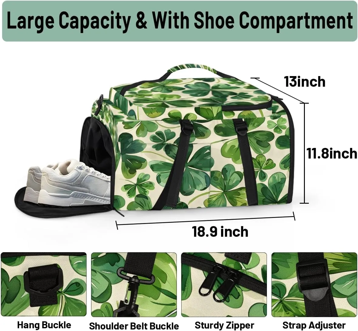 St. Patrick's Day Clover Travel Backpack Carry On Flight Approved for Women Men, 18.9 Inch Large Green Shamrock Irish Airline Approved Luggage Weekender Backpacks
