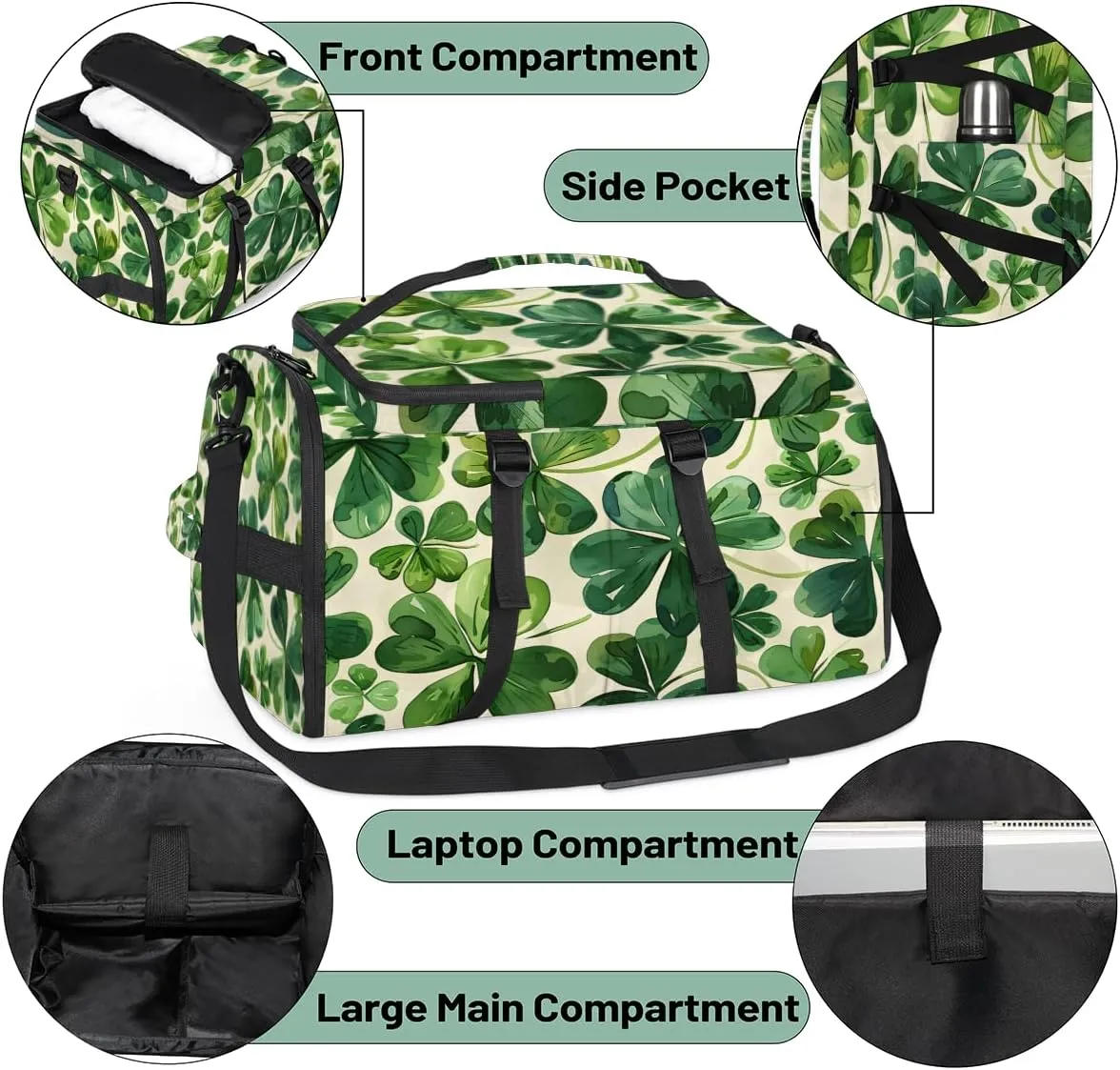 St. Patrick's Day Clover Travel Backpack Carry On Flight Approved for Women Men, 18.9 Inch Large Green Shamrock Irish Airline Approved Luggage Weekender Backpacks