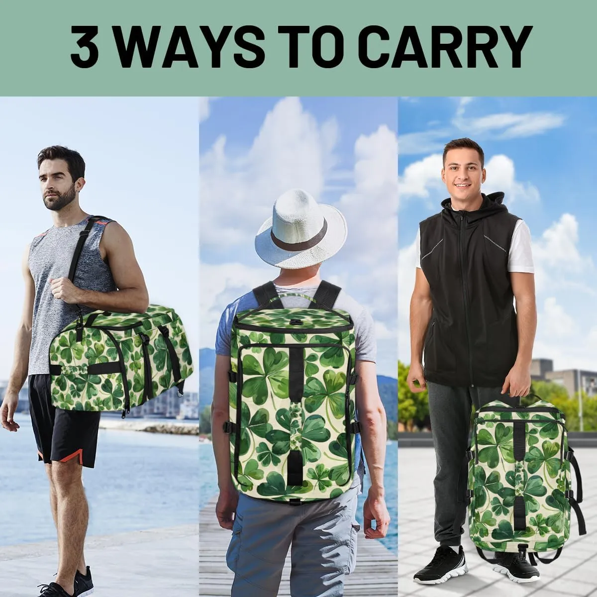 St. Patrick's Day Clover Travel Backpack Carry On Flight Approved for Women Men, 18.9 Inch Large Green Shamrock Irish Airline Approved Luggage Weekender Backpacks