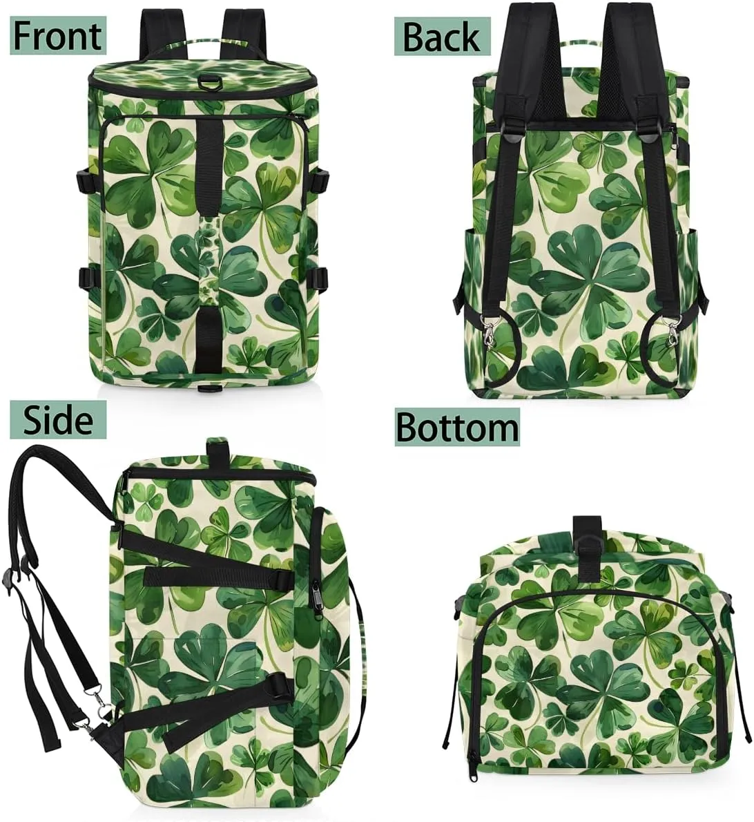 St. Patrick's Day Clover Travel Backpack Carry On Flight Approved for Women Men, 18.9 Inch Large Green Shamrock Irish Airline Approved Luggage Weekender Backpacks