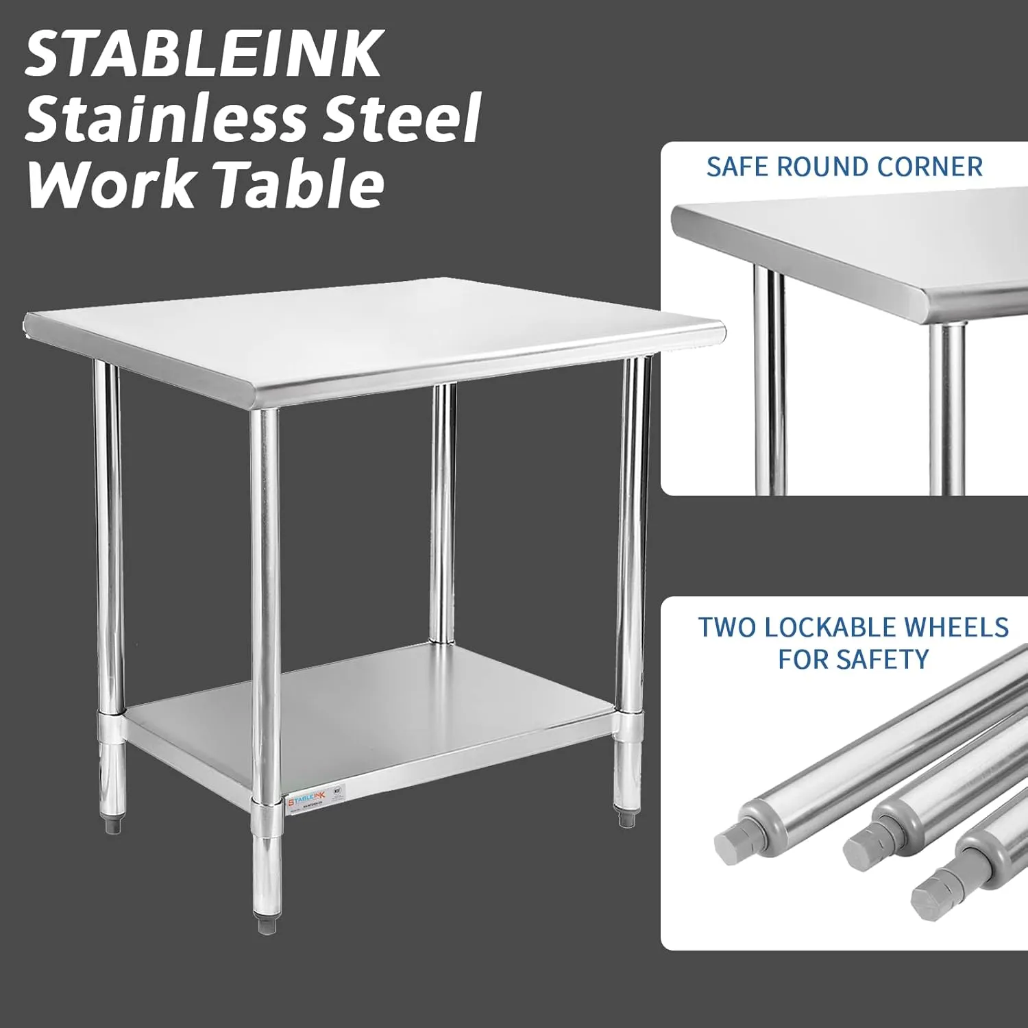 STABLEINK NSF Stainless Steel Table, 24 x 36 Inches Metal Prep & Work Table with Adjustable Undershelf, for Commercial Kitchen, Restaurant, Hotel and Garage，Stainless Steel prep Table Work Table
