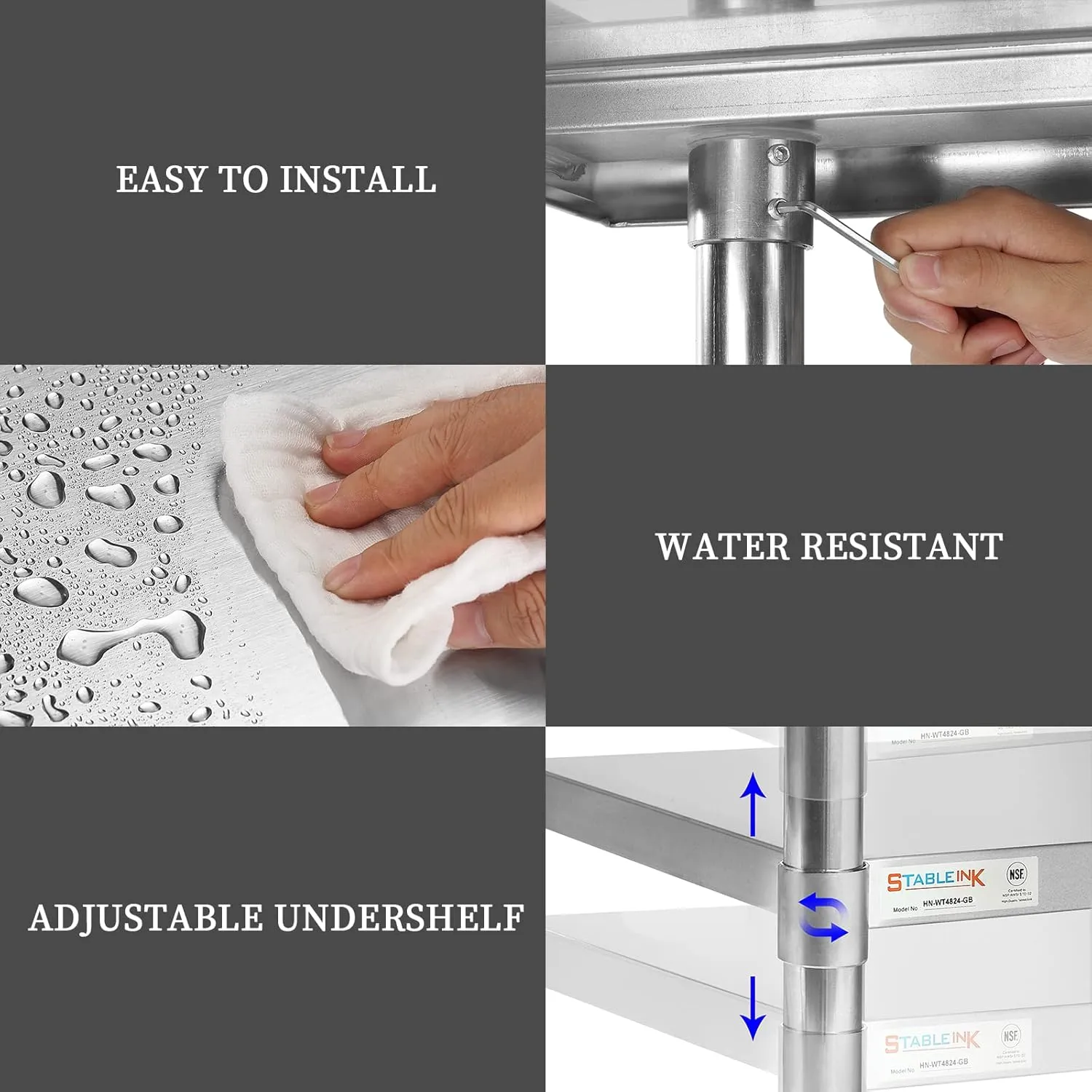 STABLEINK NSF Stainless Steel Table, 24 x 36 Inches Metal Prep & Work Table with Adjustable Undershelf, for Commercial Kitchen, Restaurant, Hotel and Garage，Stainless Steel prep Table Work Table