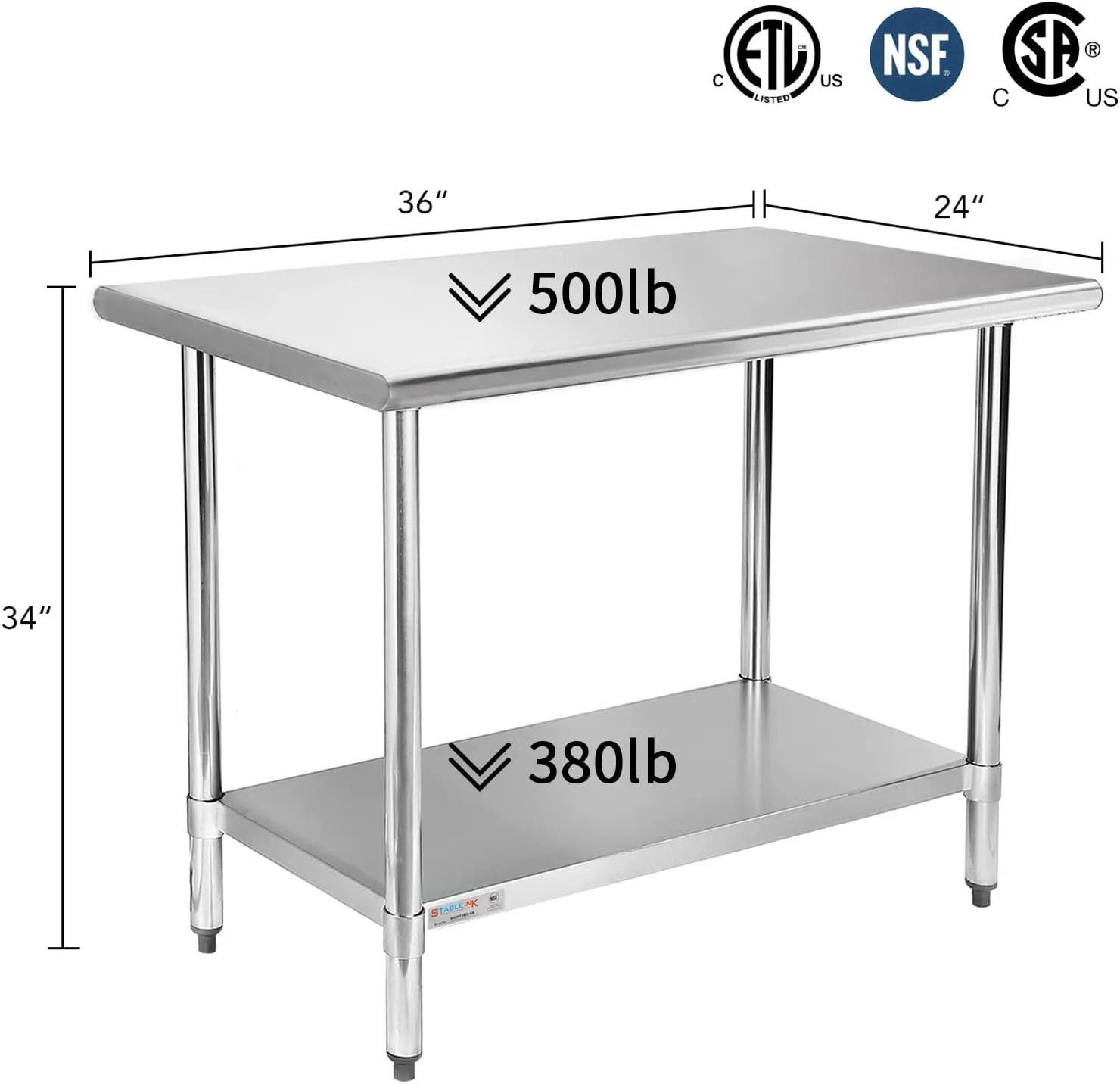 STABLEINK NSF Stainless Steel Table, 24 x 36 Inches Metal Prep & Work Table with Adjustable Undershelf, for Commercial Kitchen, Restaurant, Hotel and Garage，Stainless Steel prep Table Work Table