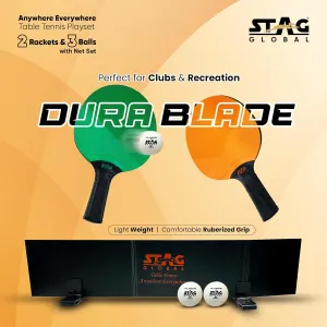 STAG GLOBAL Anywhere Averywhere Dura Blade Table Tennis Playset, 2 TT Rackets with Ruberized Grip, 3 Balls and Net Set, Perfect for Clubs and Recreation