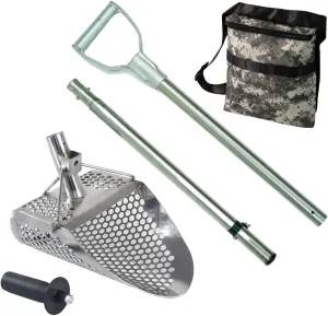 Stainless Steel Beach Sand Scoop Metal Detector Tool with Large & Strong Collapsible Stainless Steel Universal Pole with Handle and Finds Pouch (Hydra 11 x 8 (2-Mount))