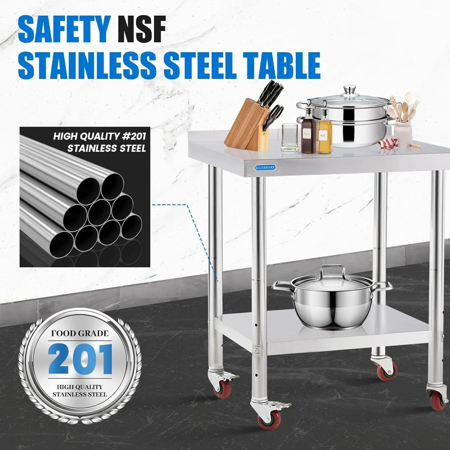Stainless Steel Table for Prep & Work with 4 Caster Wheels with Backsplash 24 x 30 NSF Metal Commercial Kitchen Adjustable Under Shelf Worktable for Restaurant Home Outdoor