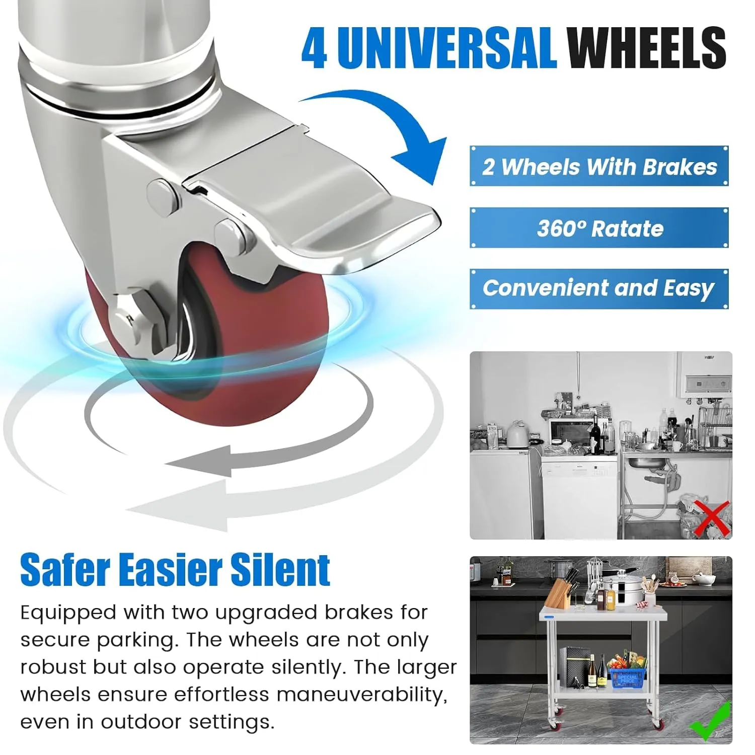 Stainless Steel Table for Prep & Work with 4 Caster Wheels with Backsplash 24 x 30 NSF Metal Commercial Kitchen Adjustable Under Shelf Worktable for Restaurant Home Outdoor