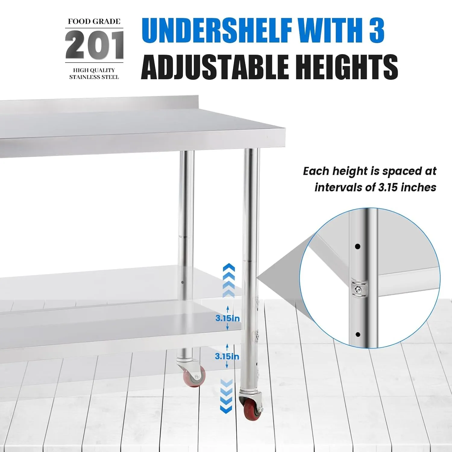 Stainless Steel Table for Prep & Work with 4 Caster Wheels with Backsplash 24 x 30 NSF Metal Commercial Kitchen Adjustable Under Shelf Worktable for Restaurant Home Outdoor